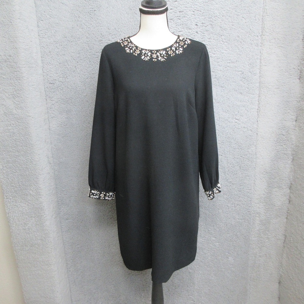 J Crew Beaded Shift Dress Womens 6‎ Black Embellished Cuff Neck Party Cocktail